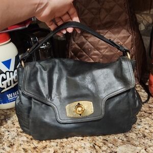 Furla Black Leather Shoulder Bag with Gold Accent Vintage